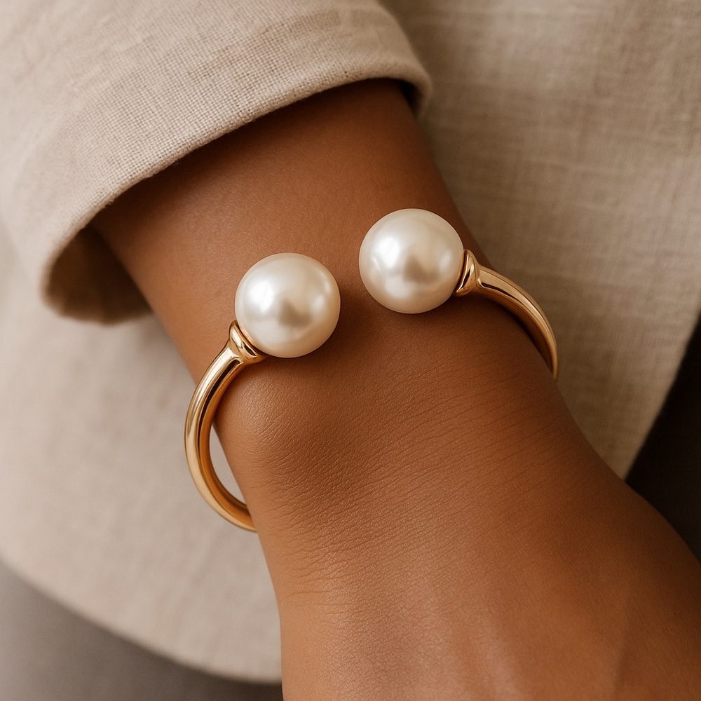 Elegant Bold Pearl Statement Cuff Open Gold Bangle Bracelet w/ Luxe Dual Pearls